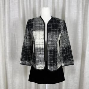 Positive Attitude Blazer Jacket Womens 6 Black White Plaid Open Front Collarless